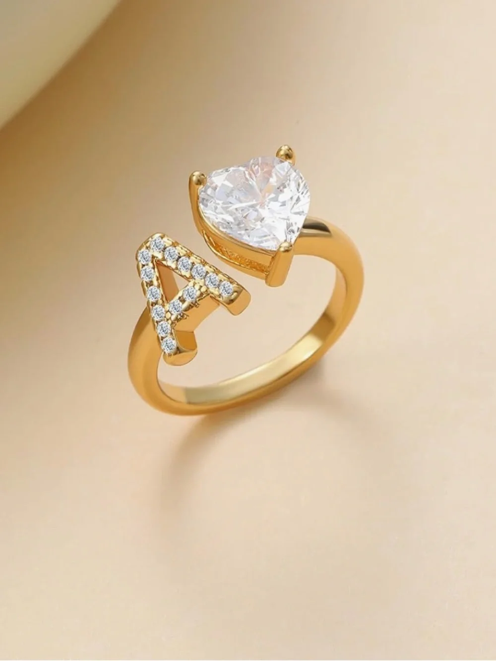 Gold Initial 'A' and Heart Stone Open Ring - Gold